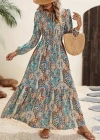 Kadın Uzun Kollu Uakadabağcıklı Beli Lastikli Desenli Uzun Süprem Elbise