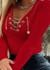 Kadın Uzun Kollu V çapraz Zincir Detaylı Kaşkorse Bluz