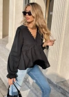 Kadın Uzun Kollu V Dantel Yaka Aerobin Bluz
