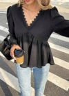 Kadın Uzun Kollu V Dantel Yaka Aerobin Bluz