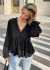 Kadın Uzun Kollu V Dantel Yaka Aerobin Bluz