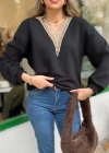 Kadın Uzun Kollu V Dantel Yaka şardonsuz üç Iplik Bluz