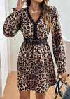 Kadın Uzun Kollu V Dantel Yakalı Leopar Desenli Modal Mini Elbise
