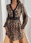 Kadın Uzun Kollu V Dantel Yakalı Leopar Desenli Modal Mini Elbise