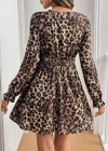 Kadın Uzun Kollu V Dantel Yakalı Leopar Desenli Modal Mini Elbise