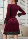 Kadın Uzun Kollu V Dantel Yakalı Mini Kadife Elbise
