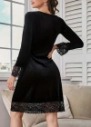 Kadın Uzun Kollu V Dantel Yakalı Mini Kadife Elbise
