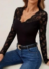Kadın Uzun Kollu V Derin Dantel Yakalı Kaşkorse Bluz