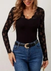 Kadın Uzun Kollu V Derin Dantel Yakalı Kaşkorse Bluz