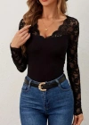 Kadın Uzun Kollu V Derin Dantel Yakalı Kaşkorse Bluz