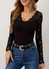 Kadın Uzun Kollu V Derin Dantel Yakalı Kaşkorse Bluz
