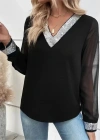 Kadın Uzun Kollu V Pulpayet Yakalı Ithal Krep Bluz