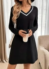 Kadın Uzun Kollu V şerit Yakalı Kısa Viskon Iki Iplik Elbise