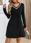 Kadın Uzun Kollu V şerit Yakalı Kısa Viskon Iki Iplik Elbise