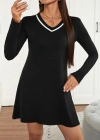 Kadın Uzun Kollu V şerit Yakalı Kısa Viskon Iki Iplik Elbise