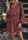 Kadın Uzun Kollu V Yaka Bağcıklı Belden Gipeli çiçek Baskılı Kısa Süprem Elbise