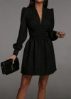 Kadın Uzun Kollu V Yaka Belden Hafif Pileli Scuba Krep Mini Boy Elbise