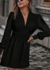 Kadın Uzun Kollu V Yaka Belden Hafif Pileli Scuba Krep Mini Boy Elbise