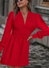 Kadın Uzun Kollu V Yaka Belden Hafif Pileli Scuba Krep Mini Boy Elbise