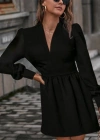 Kadın Uzun Kollu V Yaka Belden Hafif Pileli Scuba Krep Mini Boy Elbise