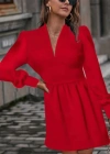 Kadın Uzun Kollu V Yaka Belden Hafif Pileli Scuba Krep Mini Boy Elbise