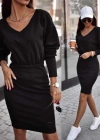 Kadın Uzun Kollu V Yaka Beli Lastikli Kolu Manşetli Iki Iplik Elbise