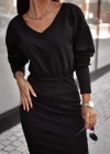 Kadın Uzun Kollu V Yaka Beli Lastikli Kolu Manşetli Iki Iplik Elbise