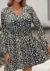 Kadın Uzun Kollu V Yaka çiçek Desenli Helen Kumaş Elbise