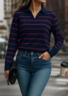 Kadın Uzun Kollu V Yaka çizgili Triko Bluz