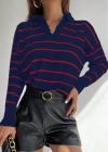Kadın Uzun Kollu V Yaka çizgili Triko Bluz