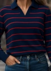 Kadın Uzun Kollu V Yaka çizgili Triko Bluz