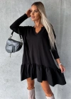 Kadın Uzun Kollu V Yaka Eteği Büzgülü Kloş Iki Iplik Mini Boy Elbise