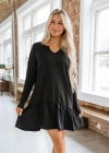 Kadın Uzun Kollu V Yaka Eteği Büzgülü Kloş Iki Iplik Mini Boy Elbise