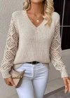 Kadın Uzun Kollu V Yaka Kol Delikli Baklava Desen Detaylı Triko Kazak