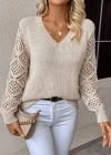 Kadın Uzun Kollu V Yaka Kol Delikli Baklava Desen Detaylı Triko Kazak