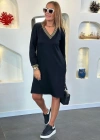 Kadın Uzun Kollu V Yaka Kol Ve Yaka Ribanalı Etek çıtçıt Detay Iki Iplik Elbise