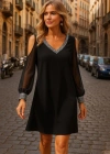 Kadın Uzun Kollu V Yaka Kollar Tül Yırtmaç Detay Kol Manşetleri Ve Yaka Payet Krep Elbise