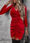 Kadın Uzun Kollu V Yaka önden Yırtmaç Büzgü Detay Kaşkorse Mini Boy Elbise