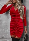 Kadın Uzun Kollu V Yaka önden Yırtmaç Büzgü Detay Kaşkorse Mini Boy Elbise