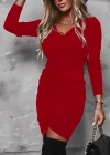 Kadın Uzun Kollu V Yaka önden Yırtmaç Büzgü Detay Kaşkorse Mini Boy Elbise