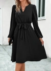 Kadın Uzun Kollu V Yakalı Belden Kuşaklı Kiloş Krep Elbise