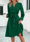 Kadın Uzun Kollu V Yakalı Belden Kuşaklı Kiloş Krep Elbise
