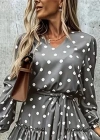 Kadın Uzun Kollu V Yakalı Belden Kuşaklı Puantiyeli Mini Modal Elbise