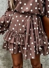 Kadın Uzun Kollu V Yakalı Belden Kuşaklı Puantiyeli Mini Modal Elbise