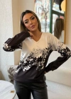 Kadın Uzun Kollu V Yakalı çiçek Baskılı şardonlu Dalgıç Bluz