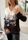 Kadın Uzun Kollu V Yakalı çiçek Baskılı şardonlu Dalgıç Bluz