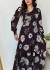 Kadın Uzun Kollu V Yakalı çiçek Desenli Maxi Süprem Elbise