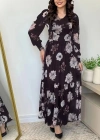 Kadın Uzun Kollu V Yakalı çiçek Desenli Maxi Süprem Elbise