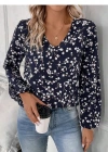 Kadın Uzun Kollu V Yakalı çiçek Desenli Modal Bluz