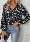 Kadın Uzun Kollu V Yakalı çiçek Desenli Modal Bluz